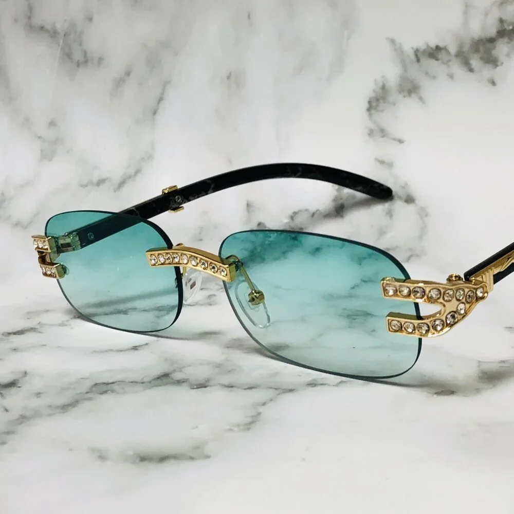 Men Women Sunglasses Square Green Lens Fashion Gold‎ Frame Rapper Icedout Lentes